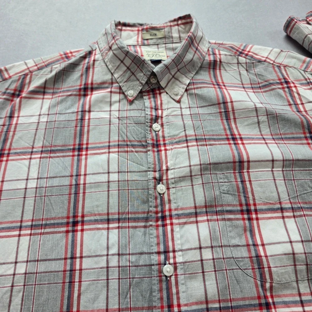 J. Crew Secret Wash Slim Fit Plaid Button Down Shirt Mens XL Grey Red Stretch